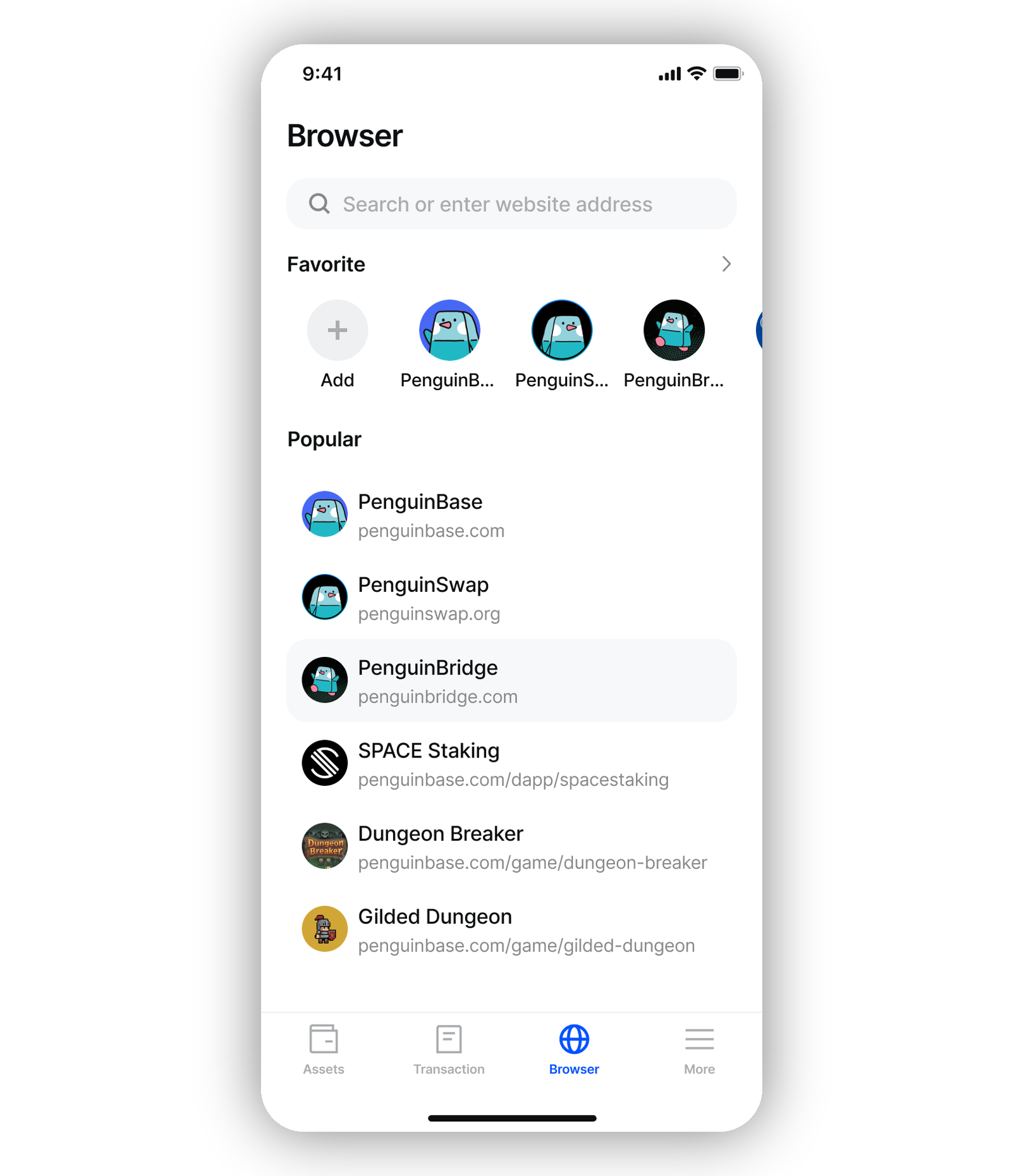 Browser with dApps in PenguinWallet